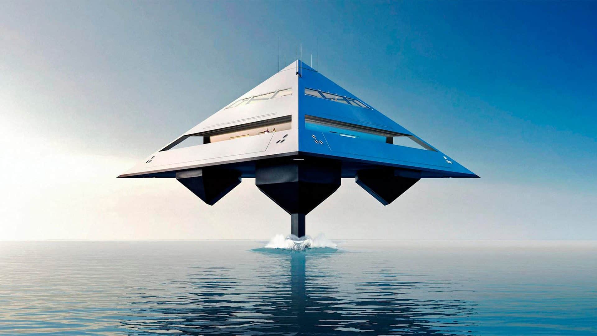 Ilustração de iate que parece nave do Star Wars visto de frente andando no oceano
