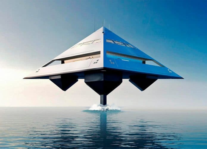 Ilustração de iate que parece nave do Star Wars visto de frente andando no oceano