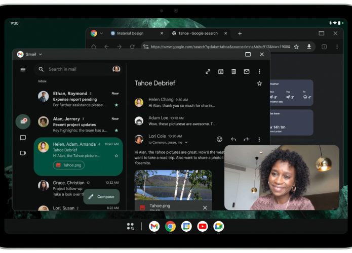 Tablet com janelas de aplicativos abertas e organizadas de maneira parecida ao que se faz em computadores