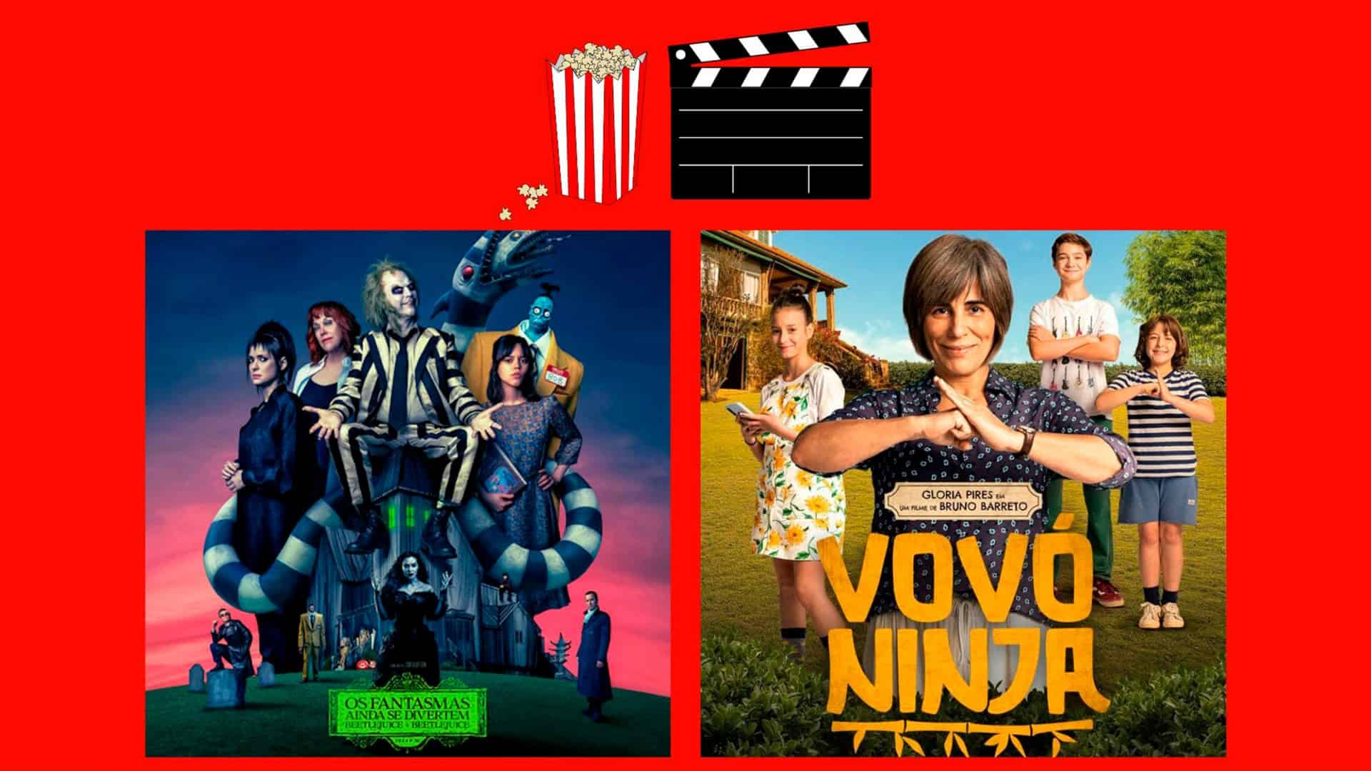 Montagem com pôsteres de Os Fantasmas Ainda se Divertem e Vovó Ninja, dois entre os lançamentos de filmes da semana