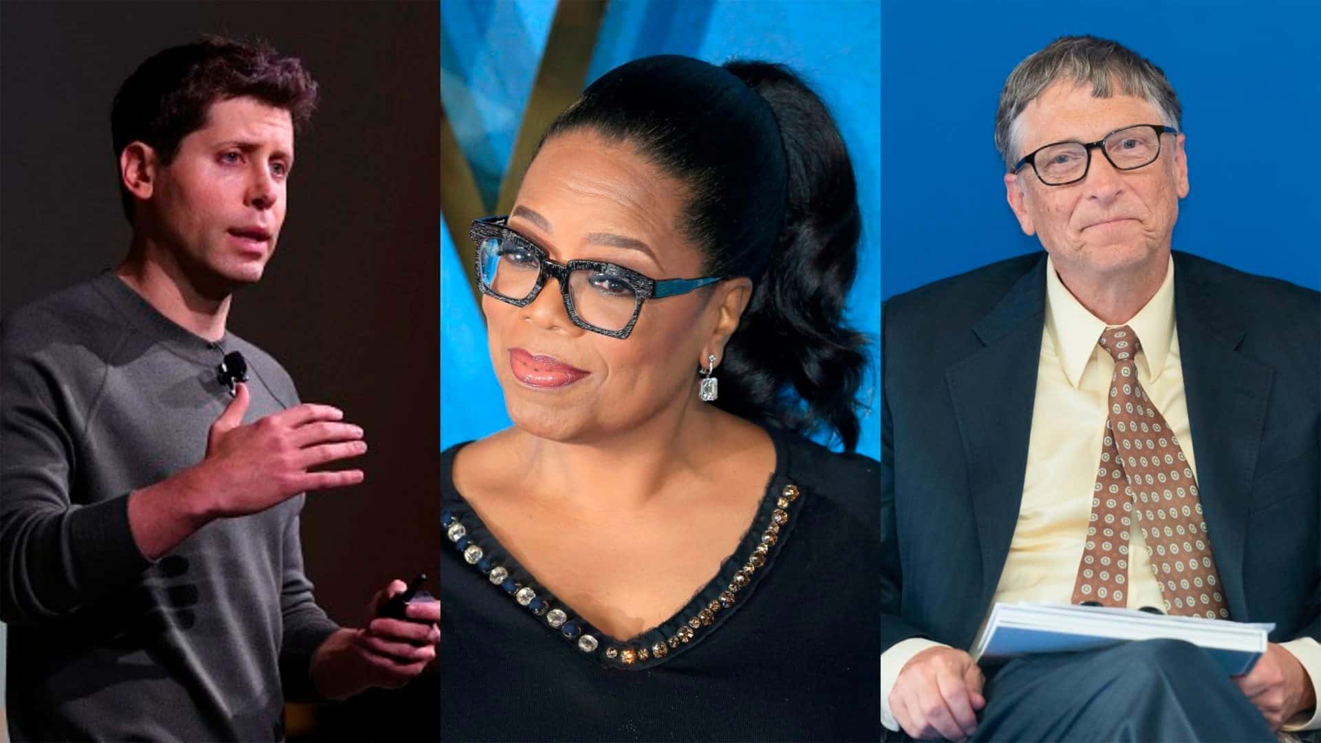 Montagem com fotos de Sam Altman, Oprah Winfrey e Bill Gates