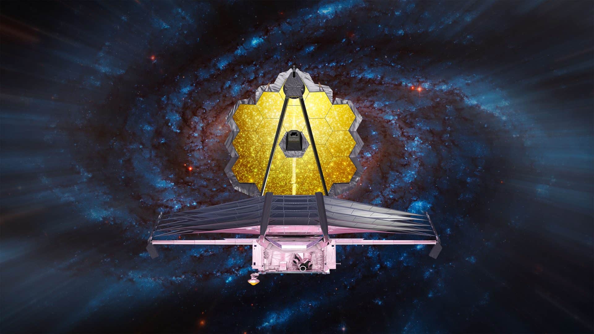 Ilustração do telescópio James Webb na frente de uma galáxia
