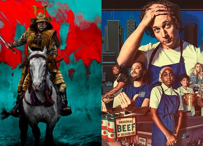 Montagem com pôsteres das séries Xógum e The Bear, duas entre vencedores do Emmy 2024