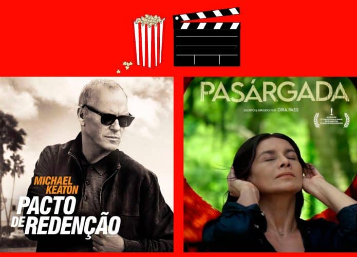Montagem com pôsteres de Paco de Redenção e Pasárgada, que estão entre lançamentos de filmes da semana