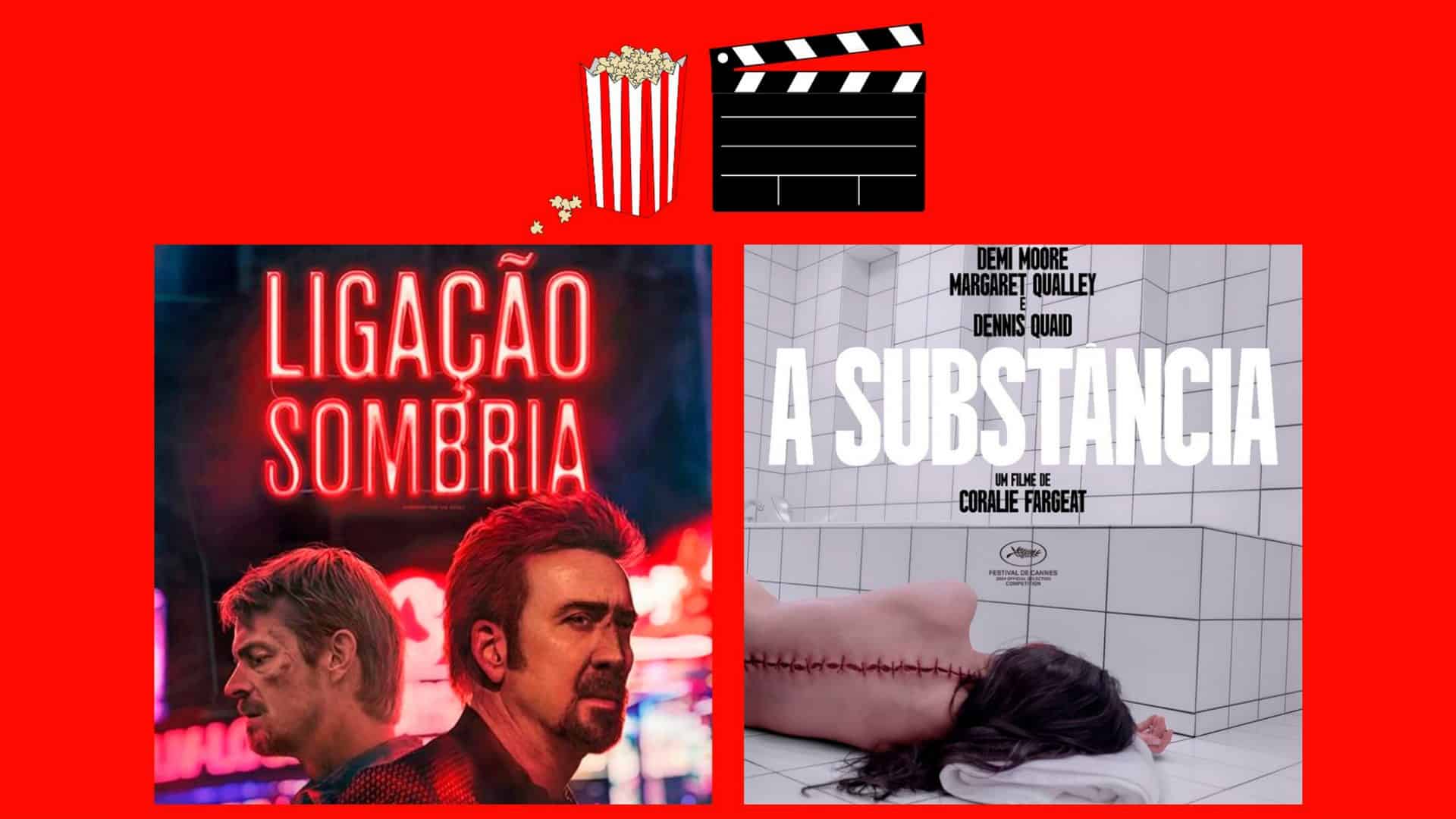 Montagem com pôsteres de Ligação Sombria e A Substância, que estão entre lançamentos de filmes da semana no cinema