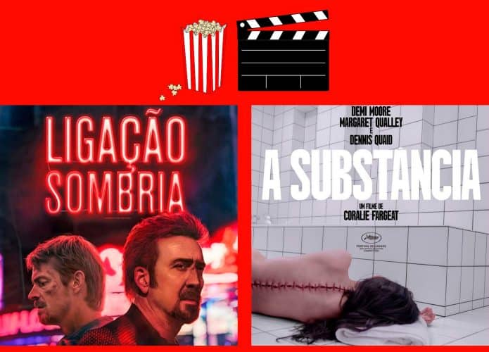 Montagem com pôsteres de Ligação Sombria e A Substância, que estão entre lançamentos de filmes da semana no cinema