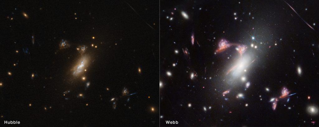comparação da galáxia vista pelo hubble e james webb