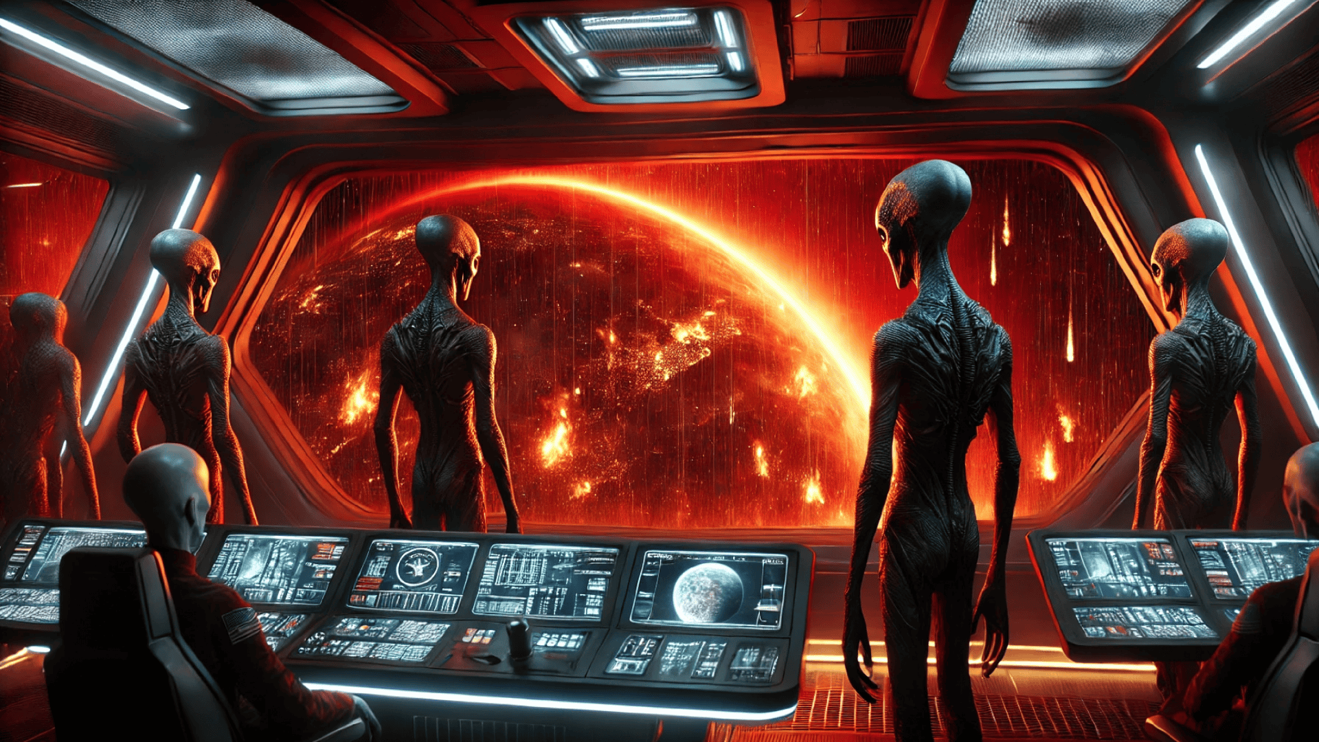 Imagem gerada por inteligência artificial. Nela, é possível ver aliens dentro de uma espaçonave observando a Terra queimando de longe.