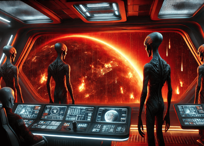 Imagem gerada por inteligência artificial. Nela, é possível ver aliens dentro de uma espaçonave observando a Terra queimando de longe.