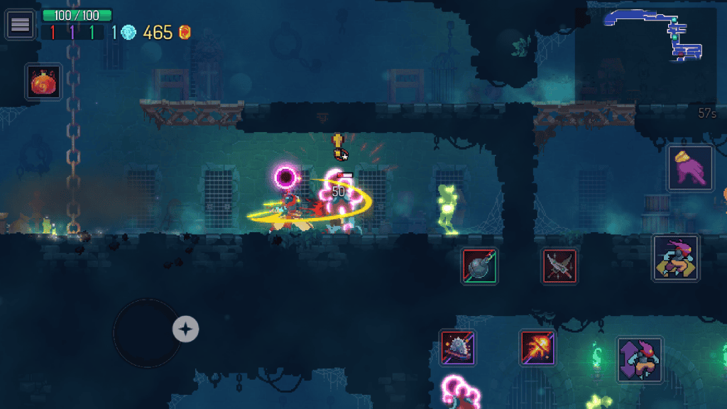 imagem mostra um print de uma cena do jogo dead cells, onde um personagem utiliza seus poderes para atacar monstros