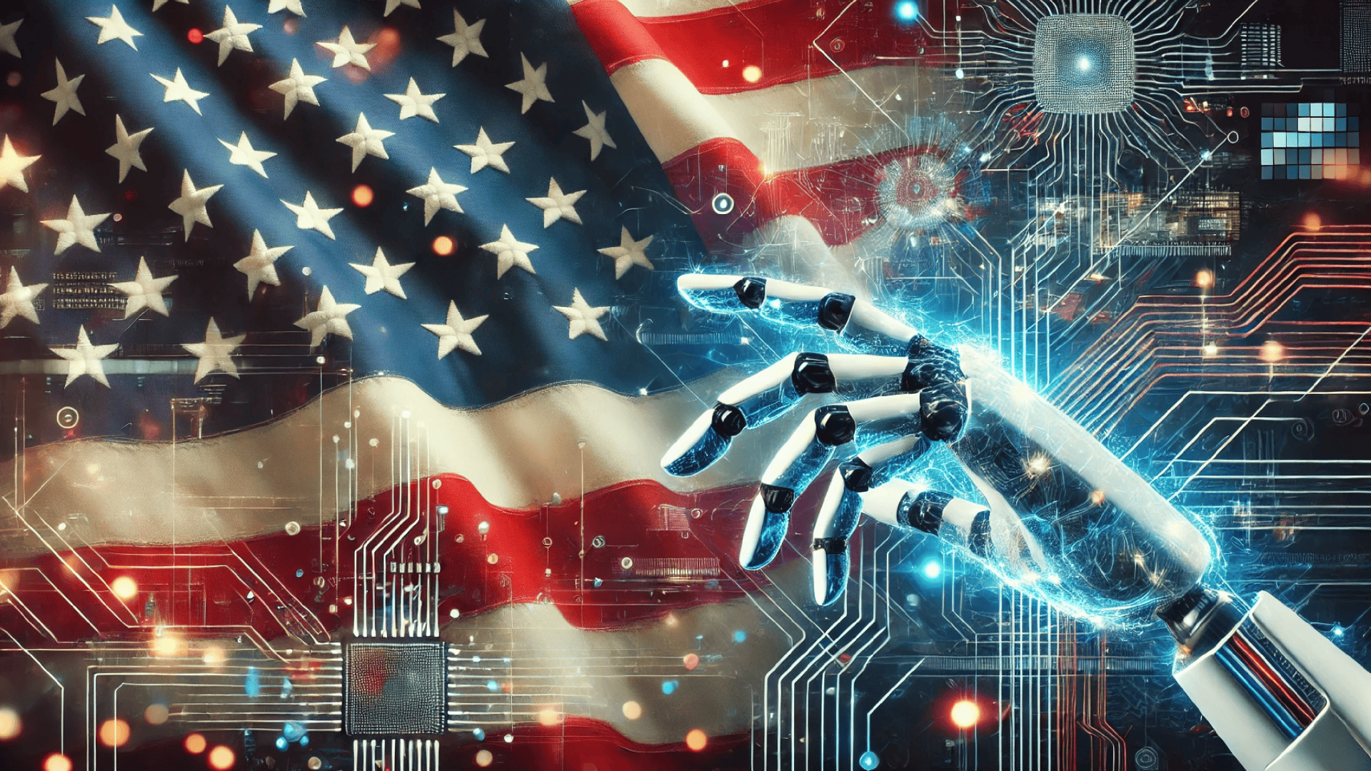 Montagem da mão de um robô com uma bandeira dos Estados Unidos