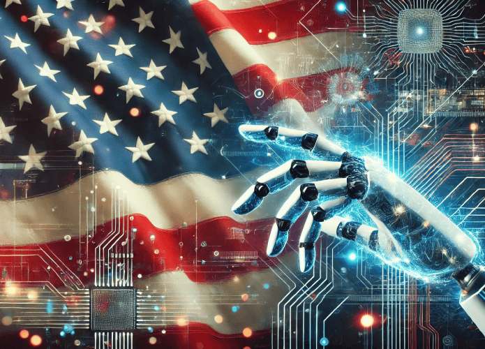 Montagem da mão de um robô com uma bandeira dos Estados Unidos