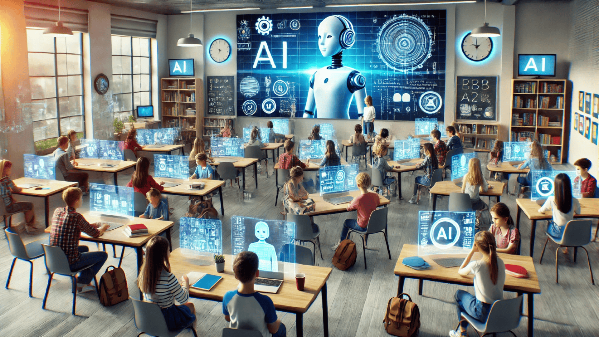 Imagem gerada com inteligência artificial. A imagem é uma ilustração de uma sala de aula. Os alunos sentados nas mesas veem painéis de inteligência artificial. A lousa noc entro da sala mostra um robô humanoide e a palavra 