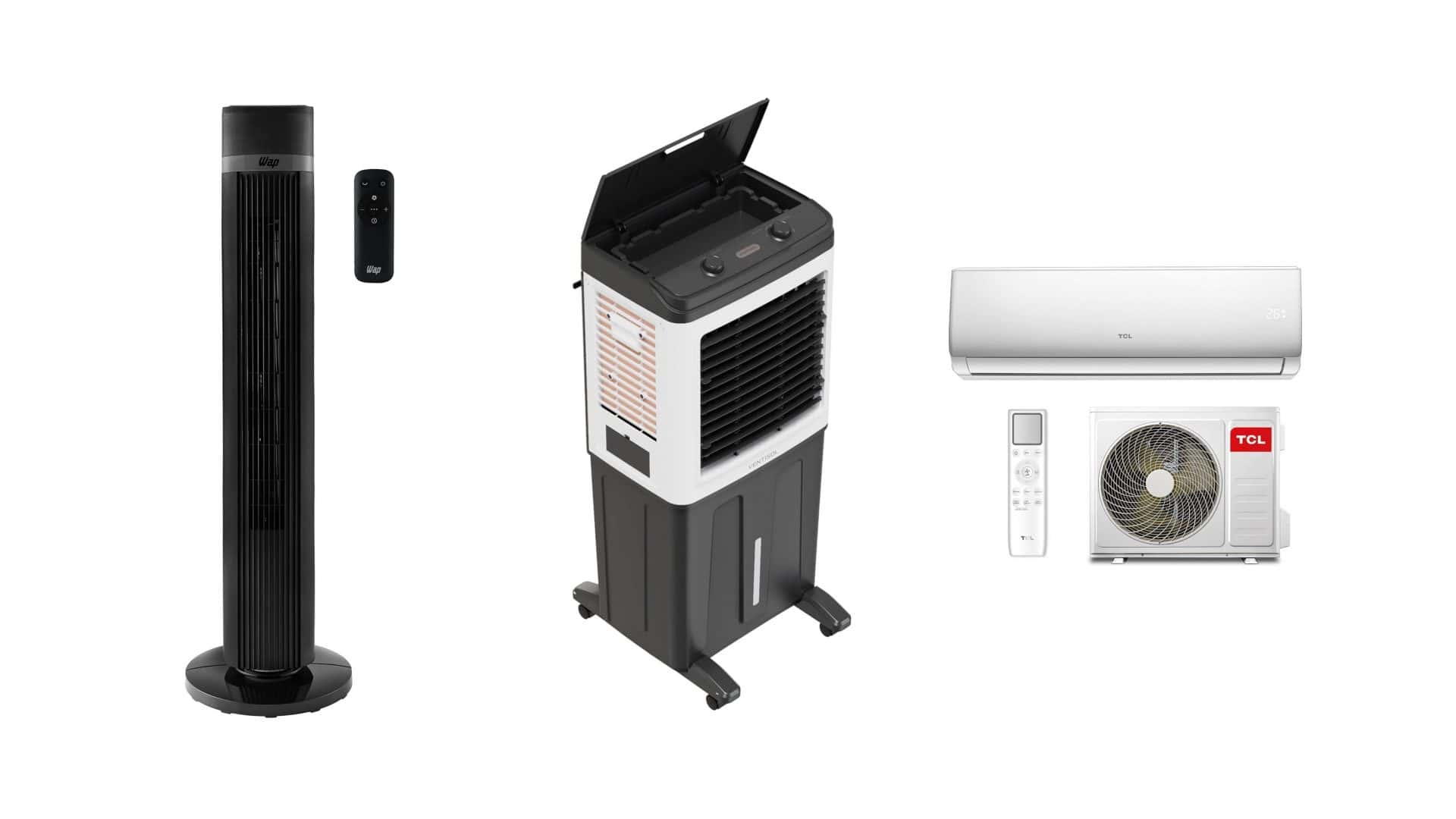 Ar-condicionado, ventilador e climatizador em oferta