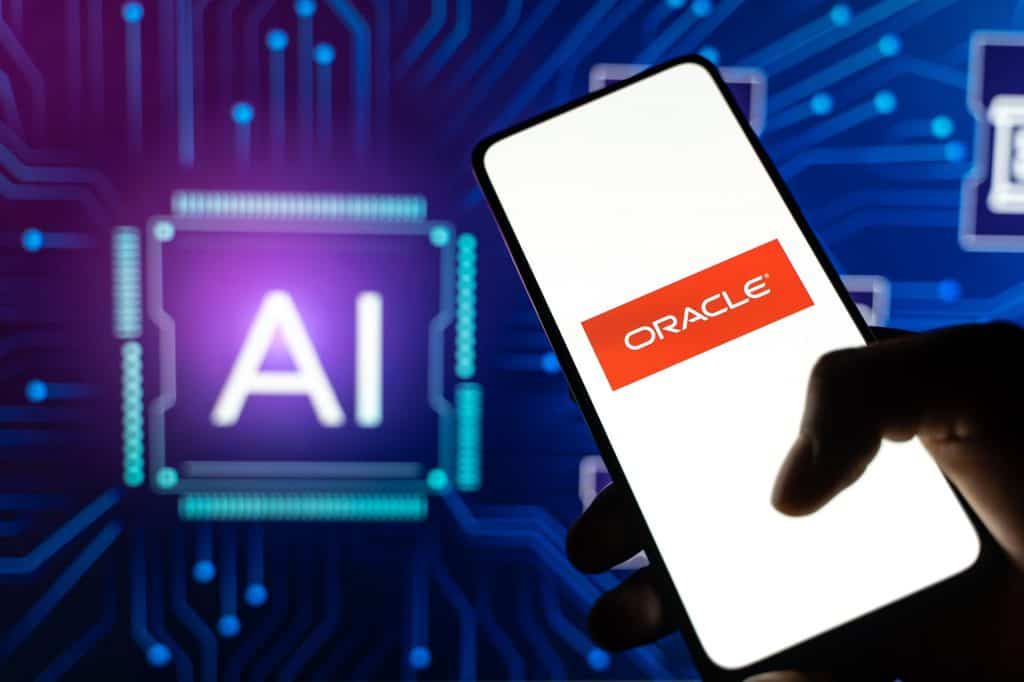 Logo da Oracle ao lado de uma representação de uma CPU com a escrita "AI" em cima