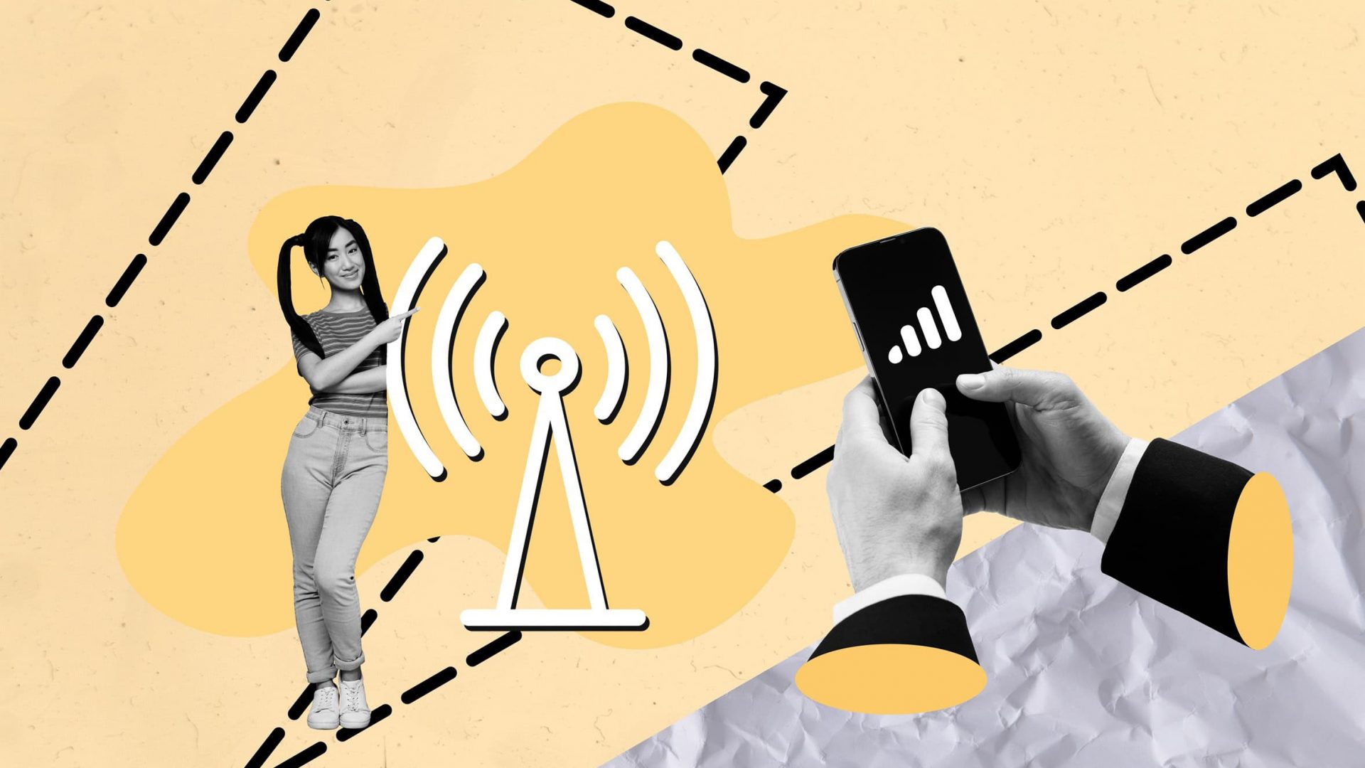 Montagem de pessoa segurando um celular com ícone de sinal de celular; à esquerda, mulher se apoia em ícone de torre de celular