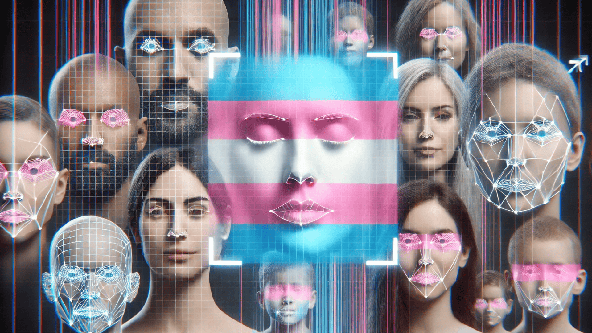 Imagem gerada por inteligência artificial, associando reconhecimento facial com a identificação de pessoas trans. A imagem mostra rostos de diversas pessoas sendo escaneados pelo reconhecimento facial. Ao centro, há um rosto com uma bandeira trans.