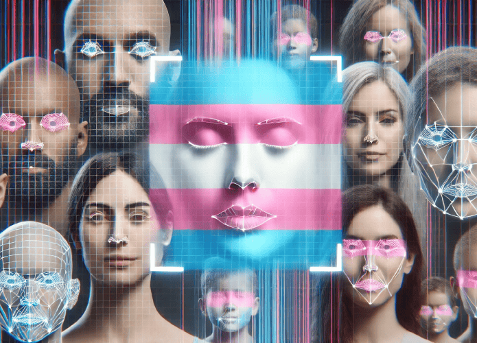 Imagem gerada por inteligência artificial, associando reconhecimento facial com a identificação de pessoas trans. A imagem mostra rostos de diversas pessoas sendo escaneados pelo reconhecimento facial. Ao centro, há um rosto com uma bandeira trans.