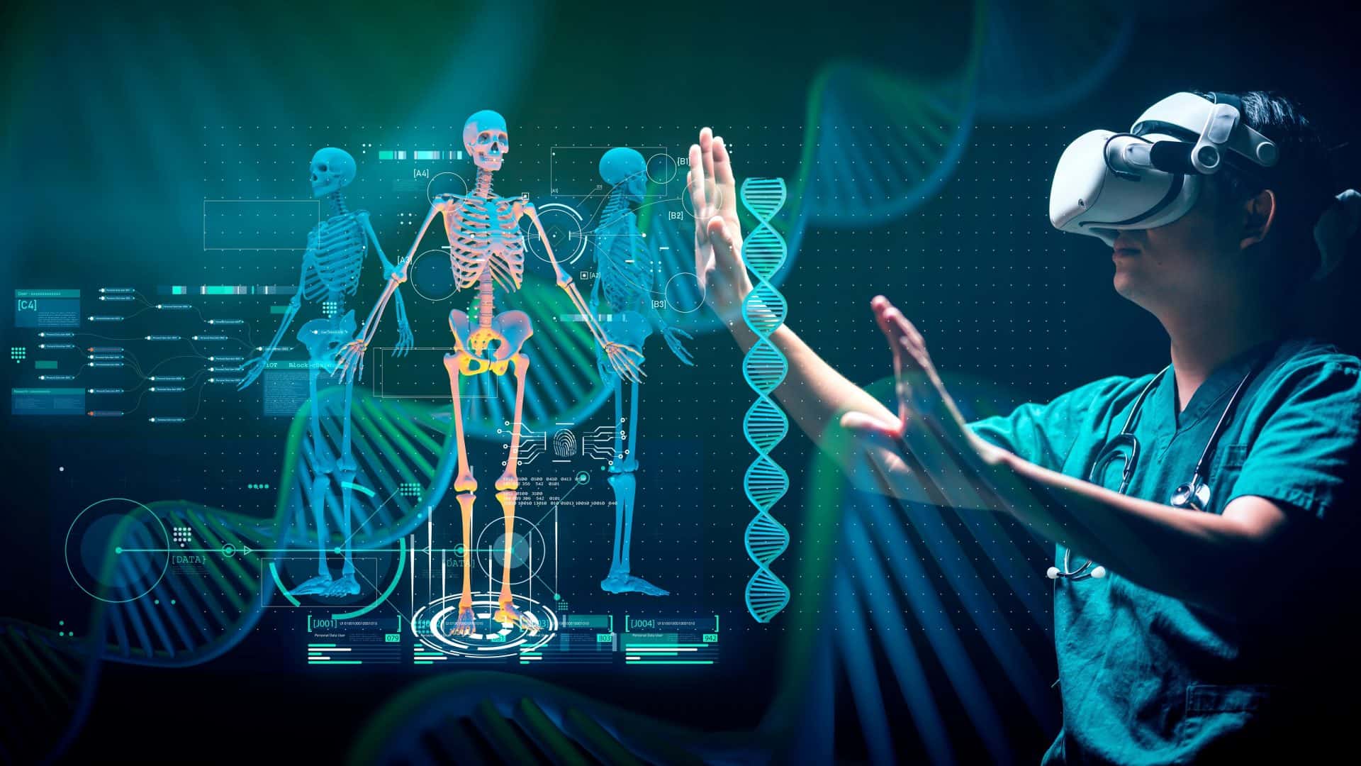 Imagem mostra mulher usando óculos de realidade virtual a frente de símbolos associados à medicina