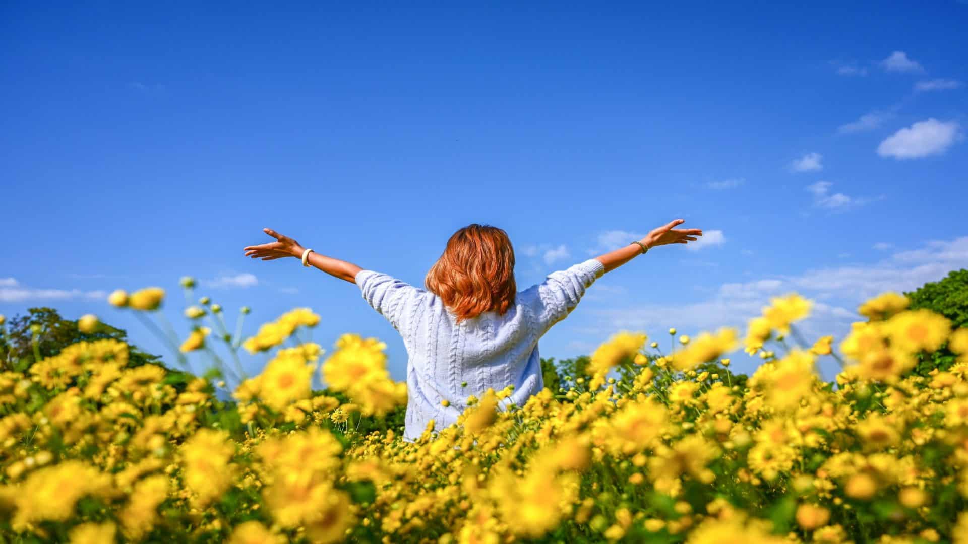 Jovem feliz curtindo um campo de crisântemos amarelos.
