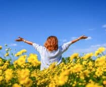 Jovem feliz curtindo um campo de crisântemos amarelos.