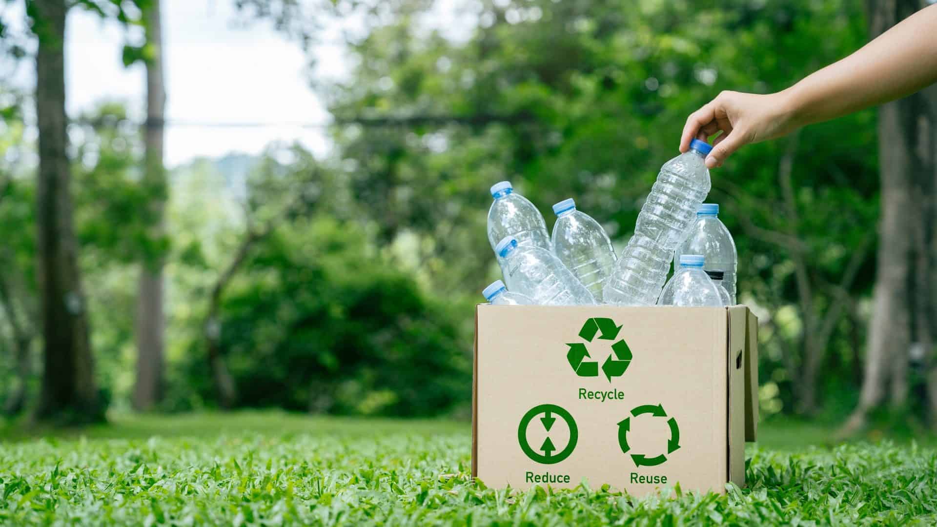 Imagem mostra um jardim em uma área externa. Em primeiro plano, à direita, há uma caixão de papelão com o símbolo da reciclagem e garrafas plásticas vazias no interior