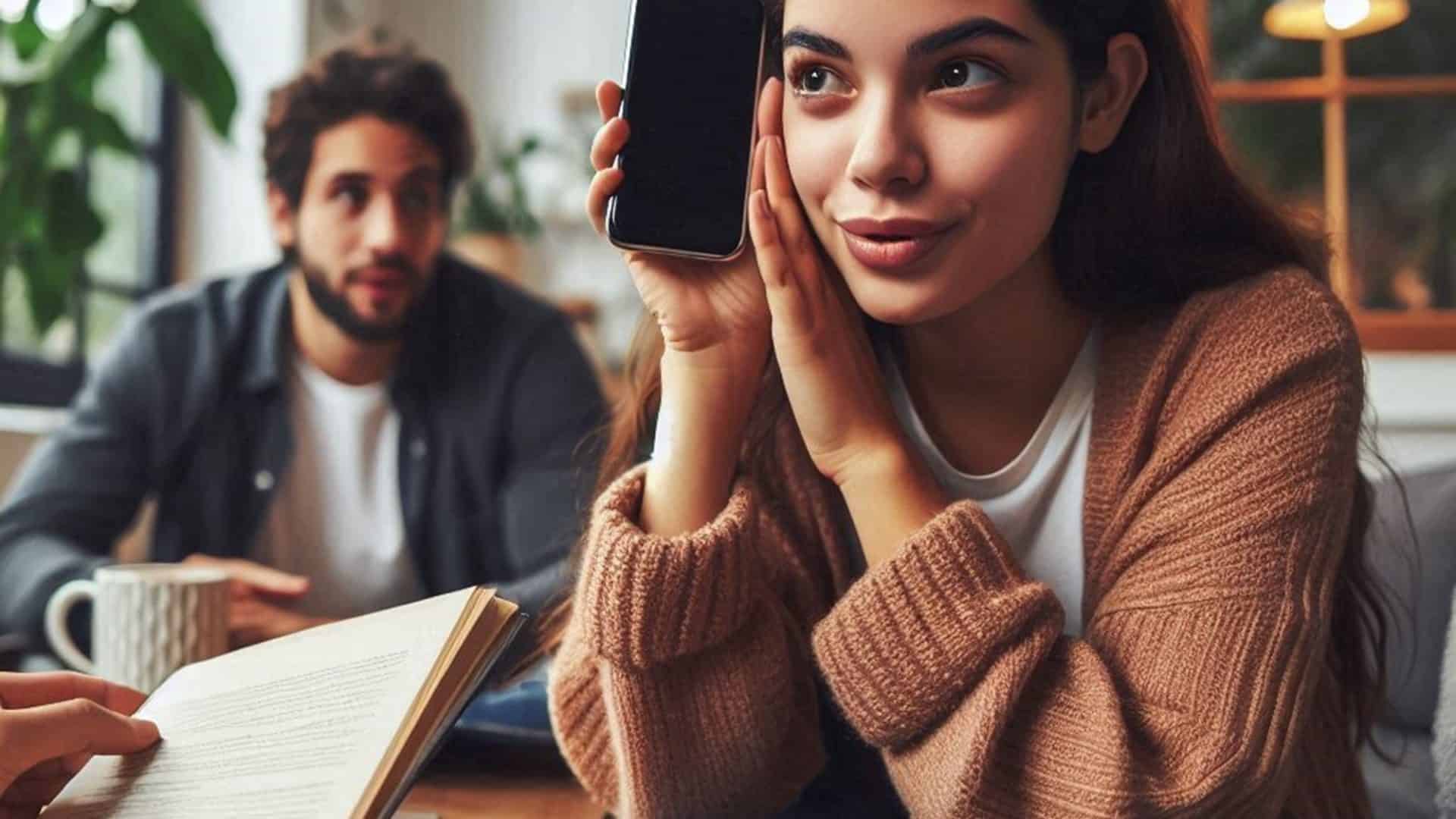 Pessoa tentando impedir que o celular ouça o que ela está dizendo