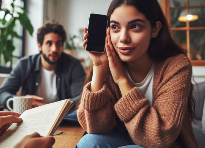 Pessoa tentando impedir que o celular ouça o que ela está dizendo