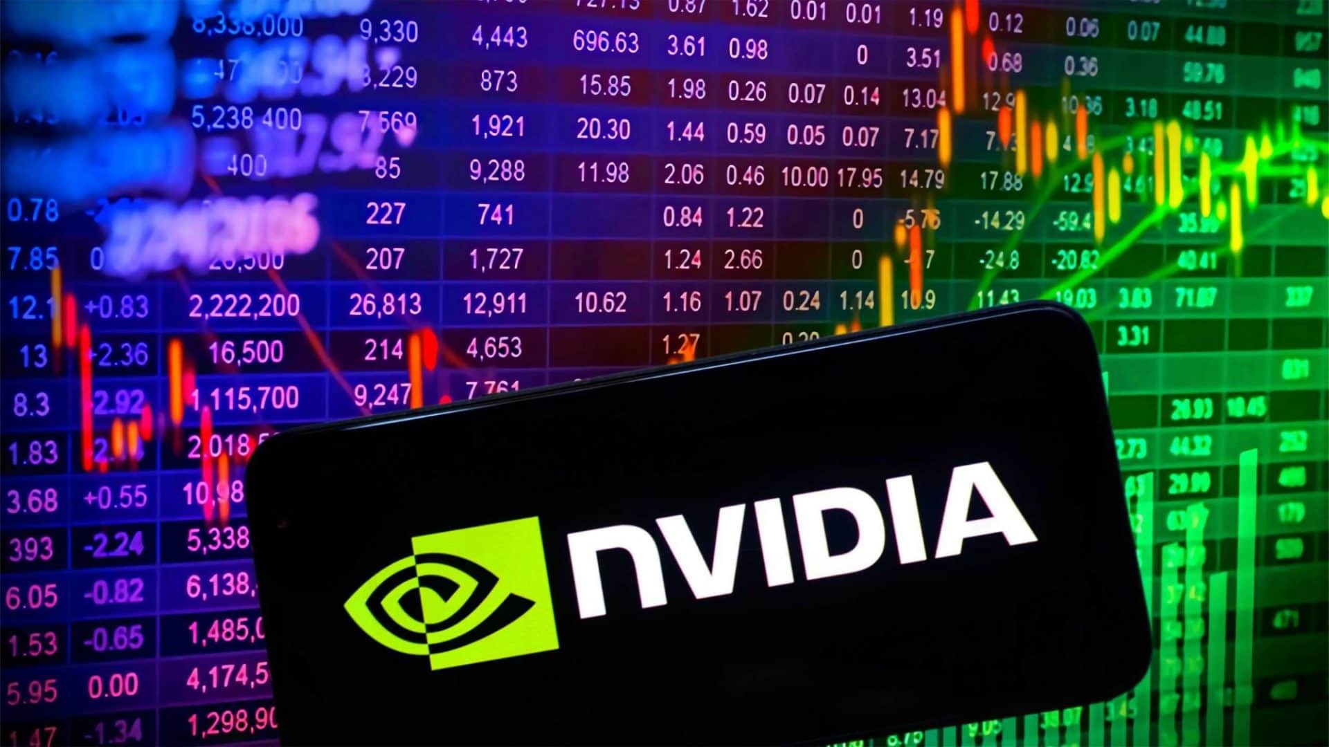Logo da Nvidia abaixo de um quadro com ações