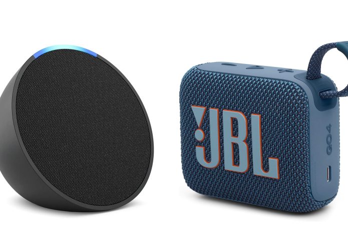 Montagem com caixas de som da Amazon e da JBL em promoção