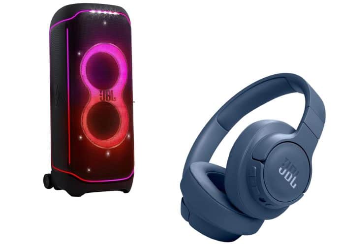 Montagem com caixa de som e fone da JBL em promoção na Amazon