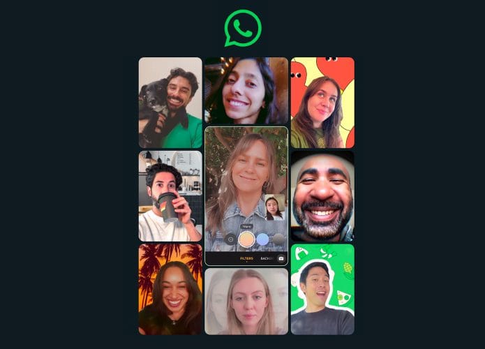 Montagem com capturas de tela de chamadas de vídeo no WhatsApp com filtros e planos de fundo