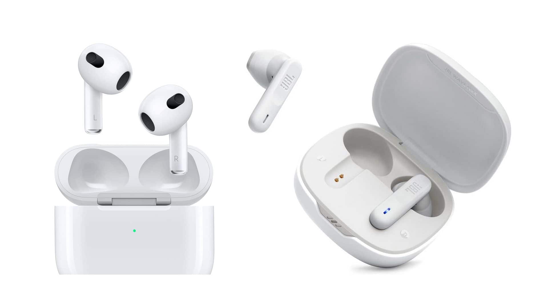 Montagem com fones de ouvido da Apple e da JBL em promoção na Amazon