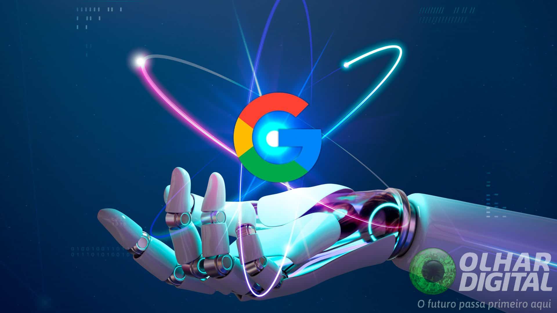 Montagem de logotipo do Google sobre ilustração de mão robótica segurando átomo de energia nuclear