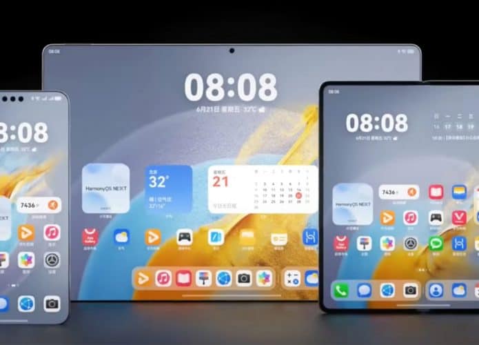 Celular e tablets da Huawei na tela inicial do HarmonyOS Next