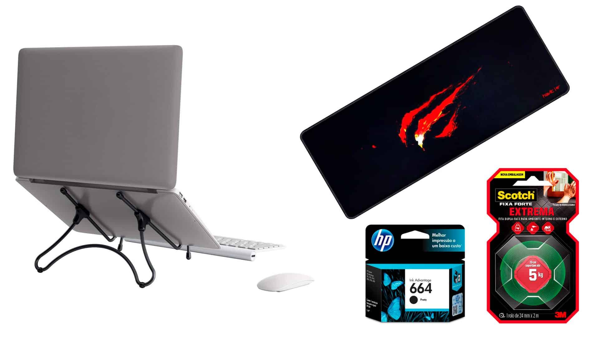 Montagem com itens para escritório que estão em promoção na Amazon
