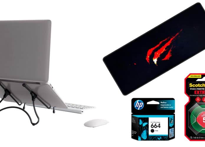 Montagem com itens para escritório que estão em promoção na Amazon