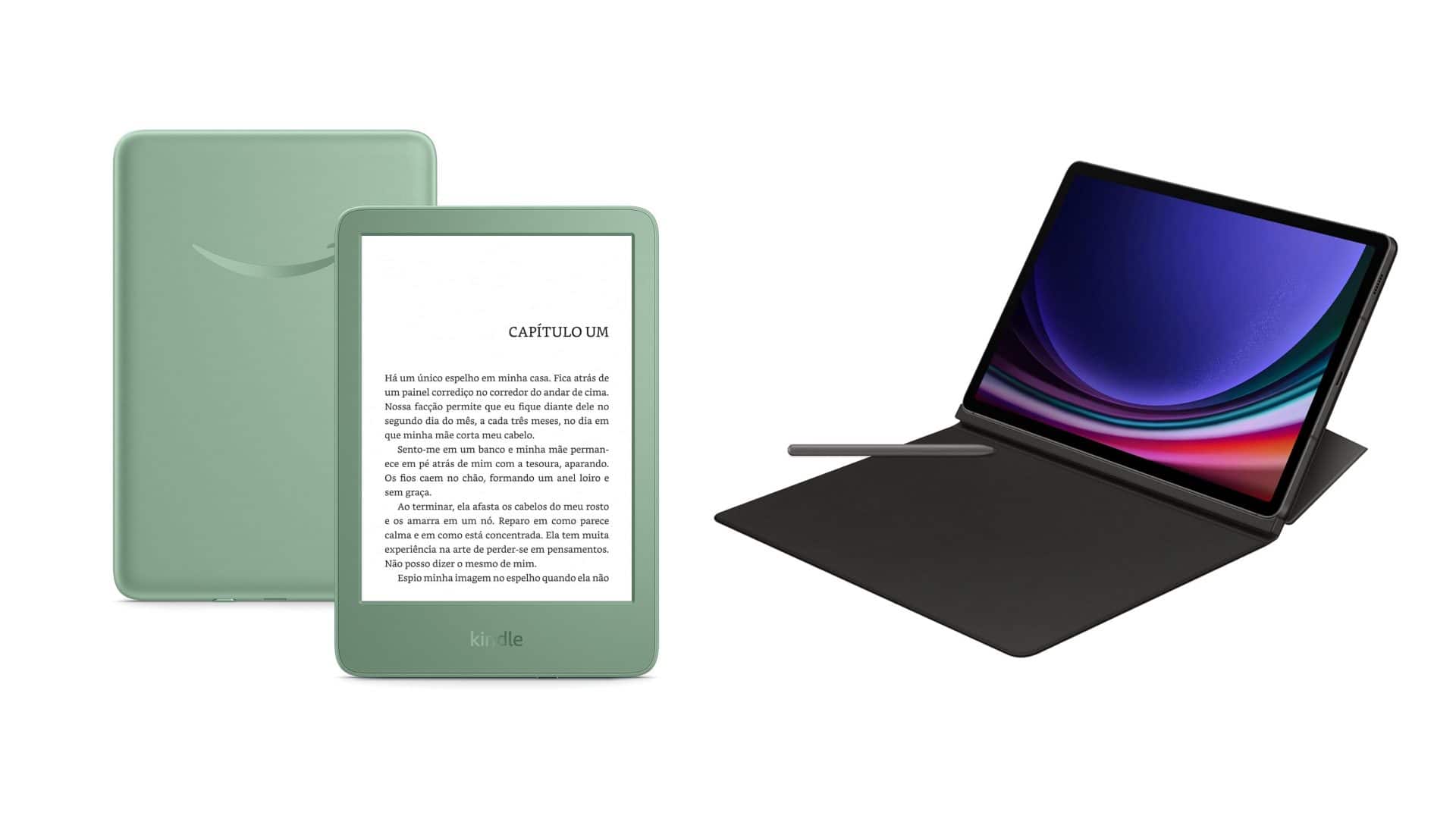 Montagem com modelos de Kindle e tablet em promoção na Amazon