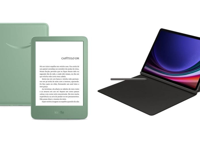 Montagem com modelos de Kindle e tablet em promoção na Amazon