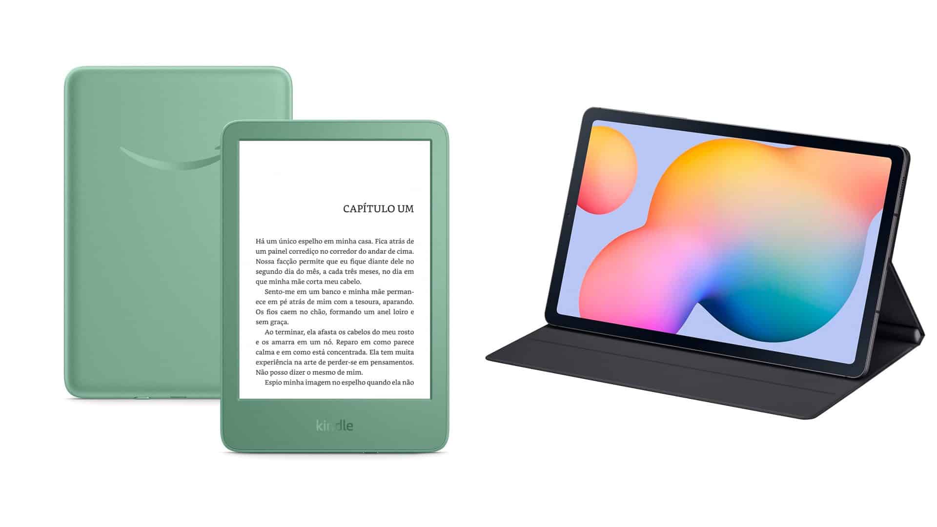 Montagem com Kindle verde e tablet da Samsung em promoção na Amazon