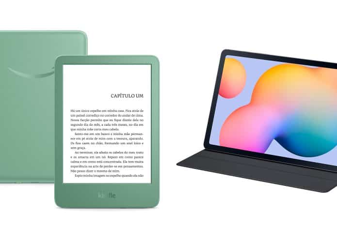 Montagem com Kindle verde e tablet da Samsung em promoção na Amazon