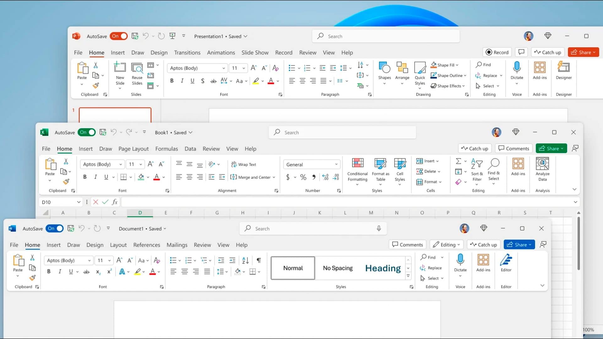 Janelas do Microsoft Office 2024 sobrepostas em cascata