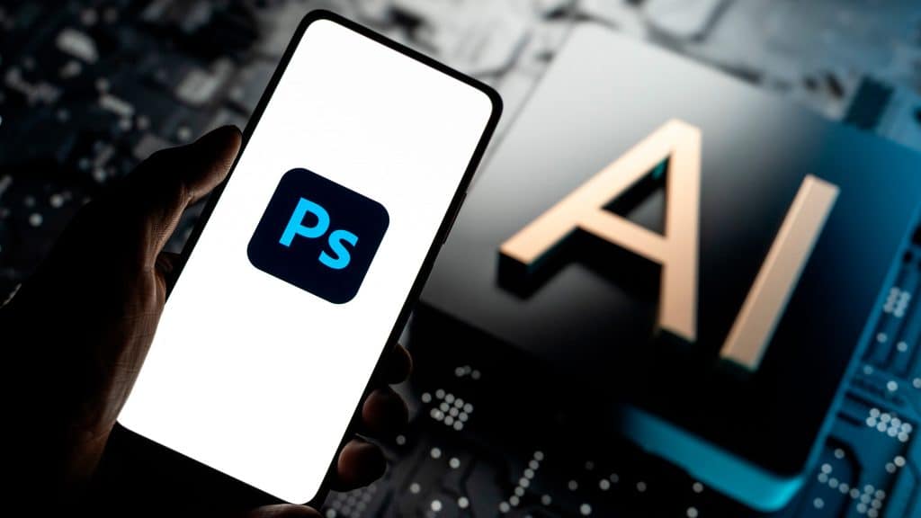 Pessoa segurando celular com logotipo do Photoshop e, ao fundo, ilustração de chip com AI escrito, colocado em cima de placa tecnológica