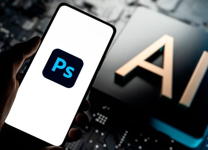 Pessoa segurando celular com logotipo do Photoshop e, ao fundo, ilustração de chip com AI escrito, colocado em cima de placa tecnológica