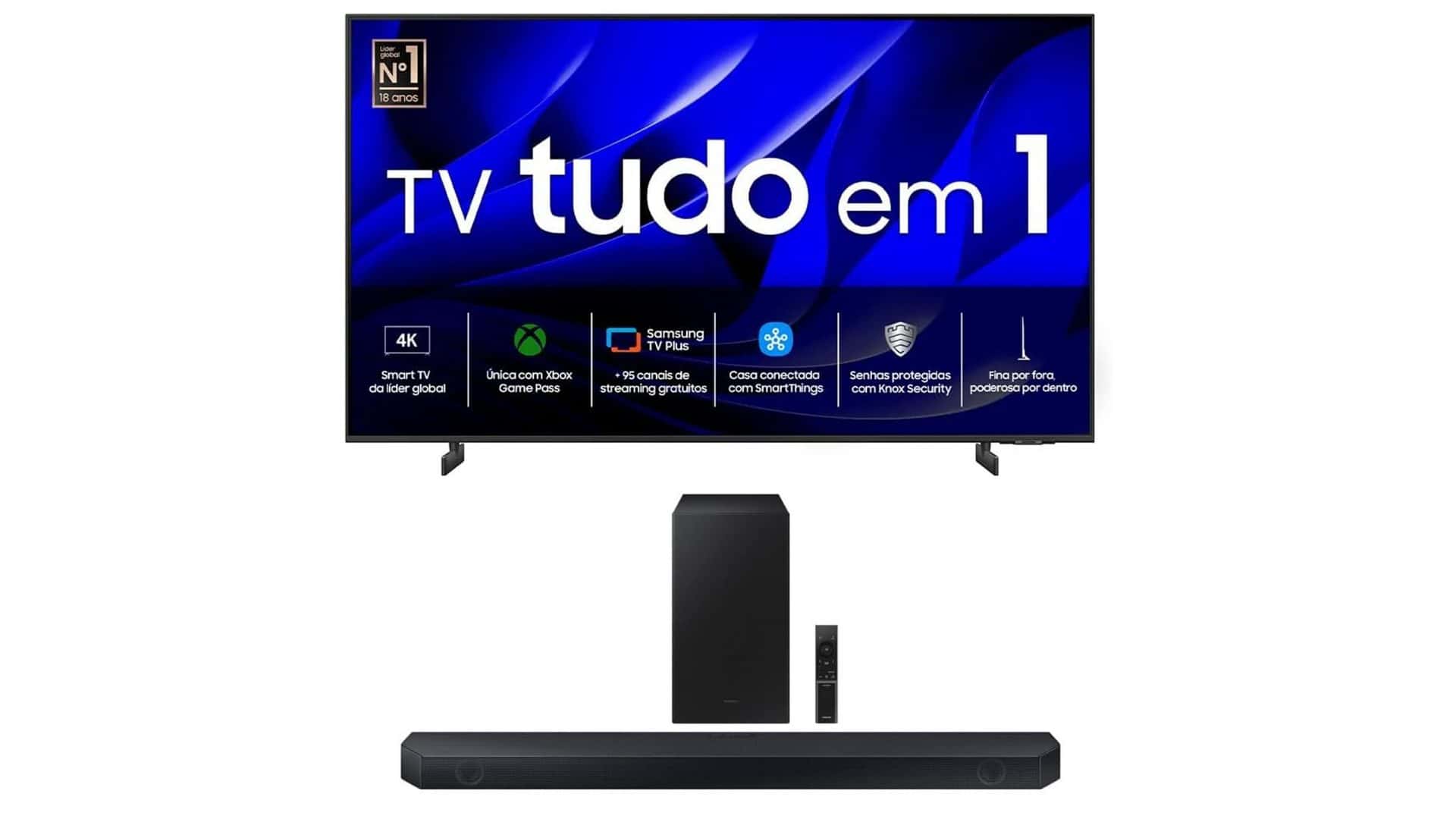 Montagem com smart TV e soundbar da Samsung que estão em promoção na Amazon