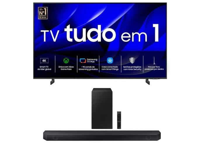 Montagem com smart TV e soundbar da Samsung que estão em promoção na Amazon