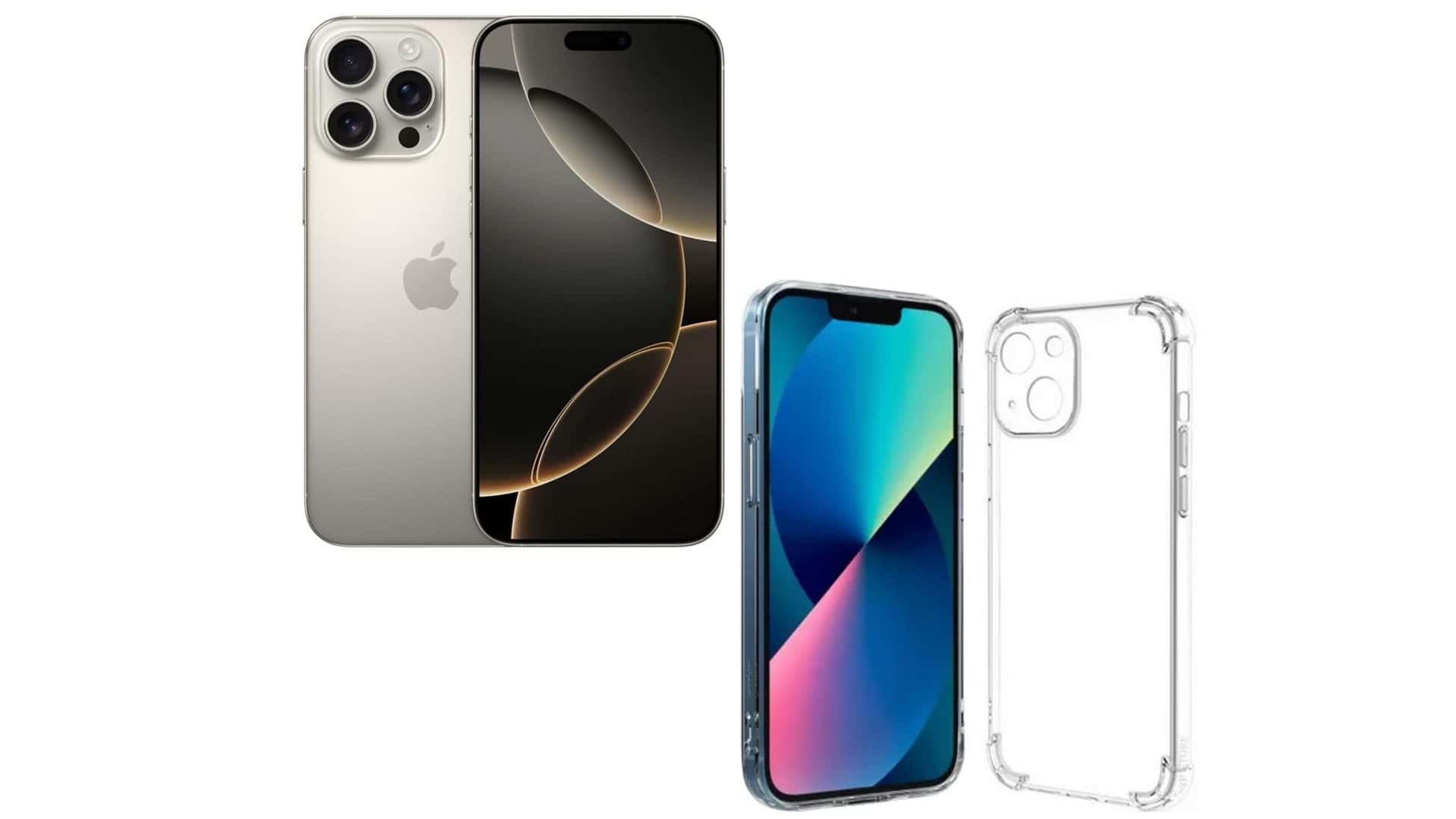 Montagem com iPhone 16 Pro Max e capinha para iPhone 13 em promoção na Amazon
