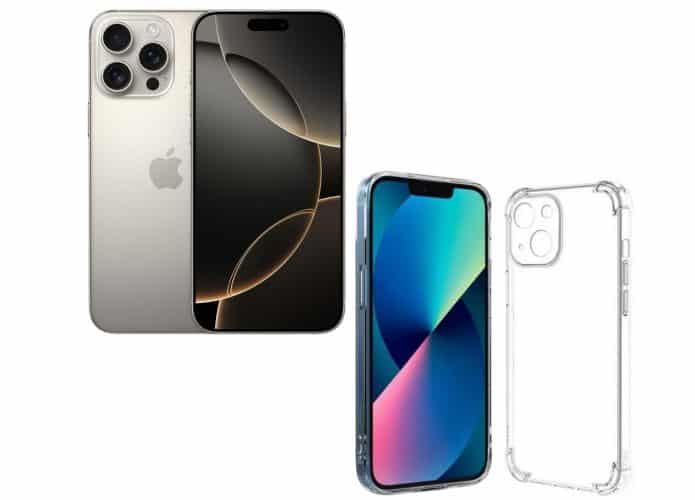 Montagem com iPhone 16 Pro Max e capinha para iPhone 13 em promoção na Amazon