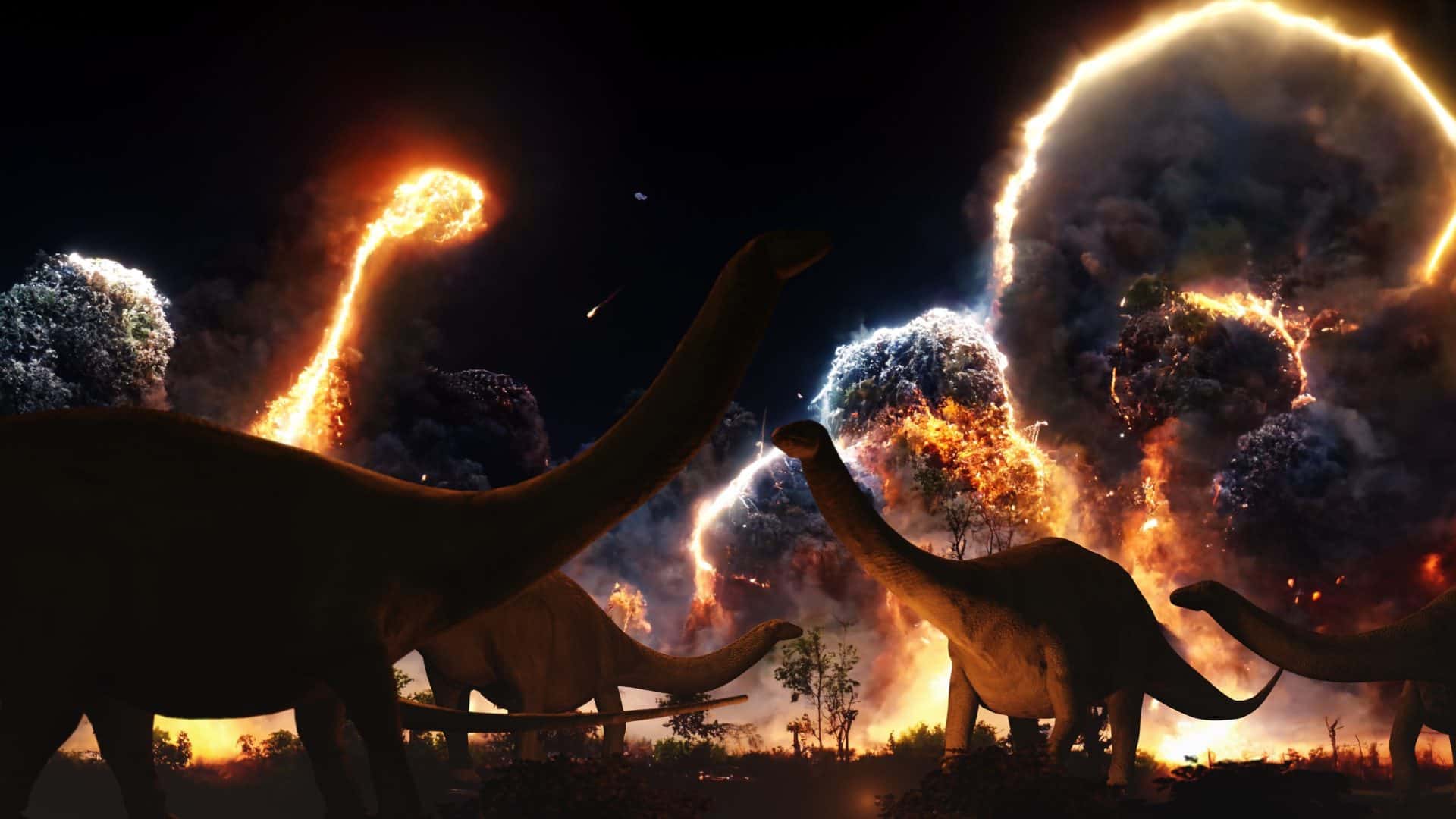 Chuva de fogo no céu; abaixo, dinossauros