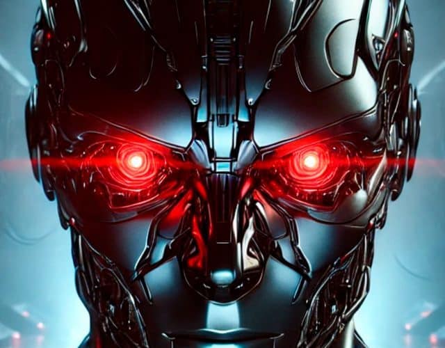 Ilustração de robô humanoide com olhos vermelho brilhantes